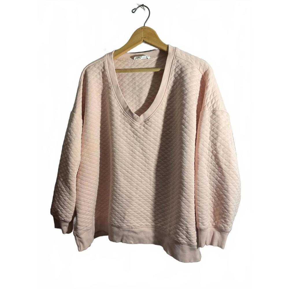 Workshop Light Pink Quilted V-Neck Cropped Bamboo Blend Sweatshirt for Women - Picture 1 of 9